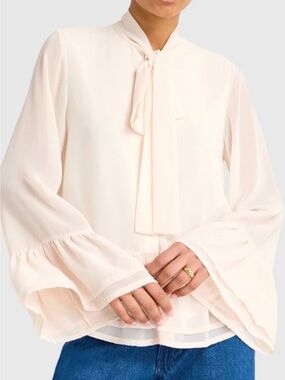🆕 Amanda Uprichard Devereaux Antique White Tie-Neck Bell-Sleeve Blouse